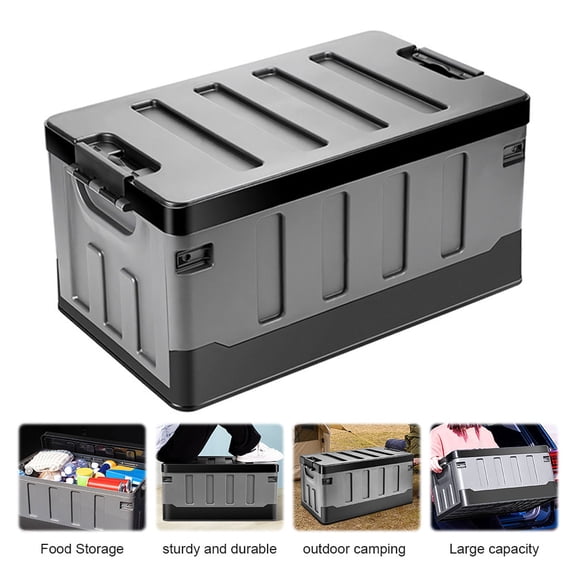 Xinyuert Car Trunk Organizer Foldable 60L Plastic Cargo Storage Box with Lid Handles Stackable Tool Container for Camping, Groceries, Car RV, Office (Grey 23inches-L)