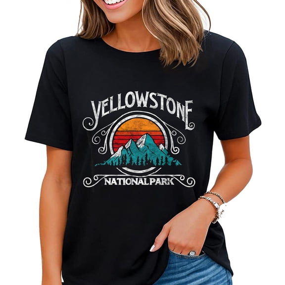 Vintage Yellowstone National Park Retro Mountains Design Women T-Shirt Black X-Large