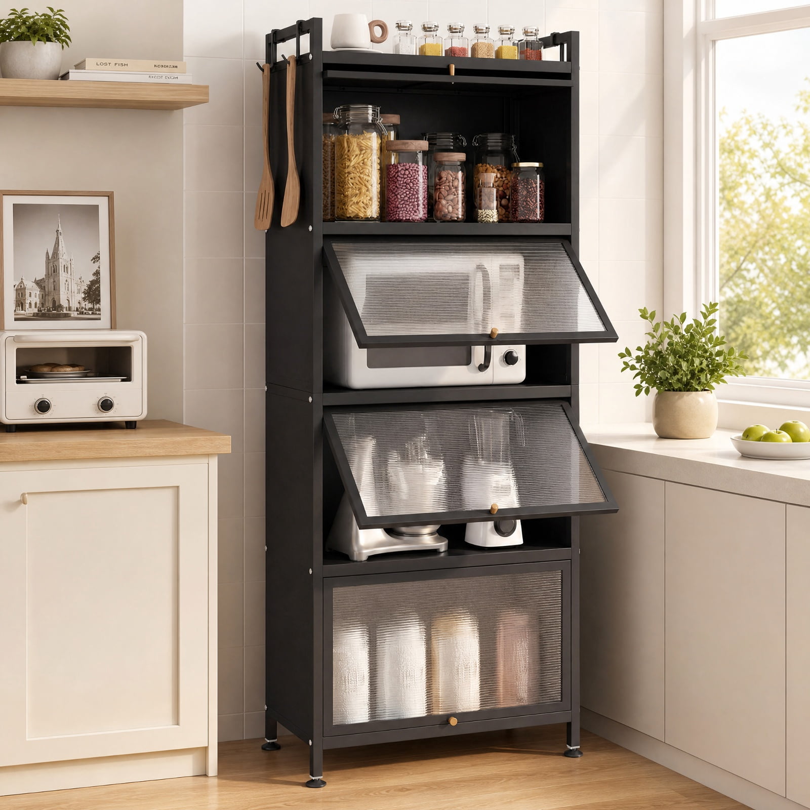 RUIE 5-Tier Metal Pantry Organizer Baker's Rack with Flip-up PC Doors, Rolling Kitchen Storage Cabinet with Universal Wheels and Golden Handles, Black