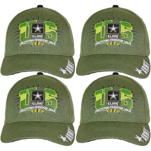 U.S. Army Embroidered W/"DEFENDING FREEDOM SINCE 1775" with Adjustable Strap - Olive (4 Hats)