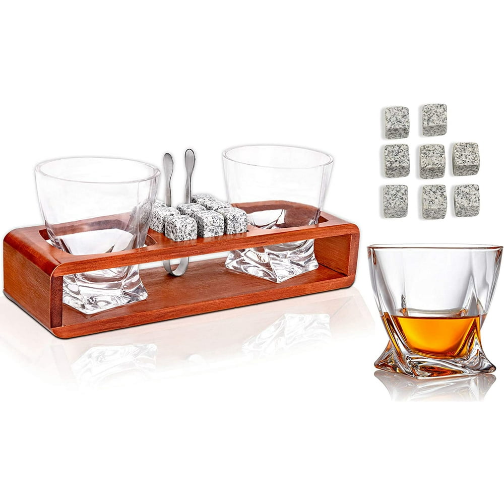 Bezrat Whiskey Glass Wood Stand Gift Set - Stone Tray - Scotch Bourbon ...