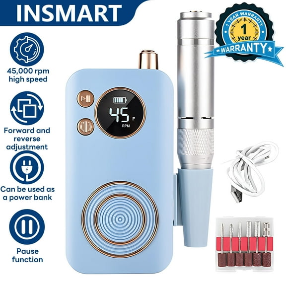 INSMART Electric Nail Drill - 45000 RPM, Professional Cordless Nail Drill Kit with 6 Bits, Rechargeable with Power Bank Function, Low Vibration Manicure Tool for Home & Salon