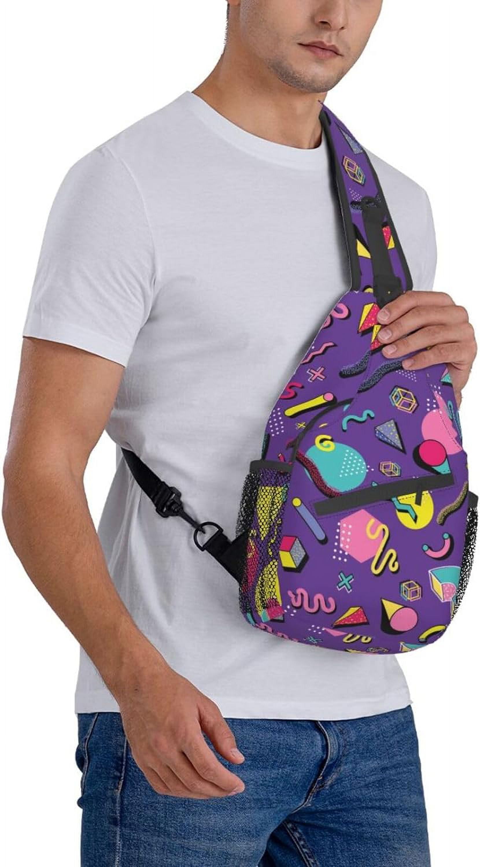 Purple 80s 90s Style Pattern Sling Bag Crossbody Hiking Travel Chest Bags Backpack Shoulder Daypack for Women Men