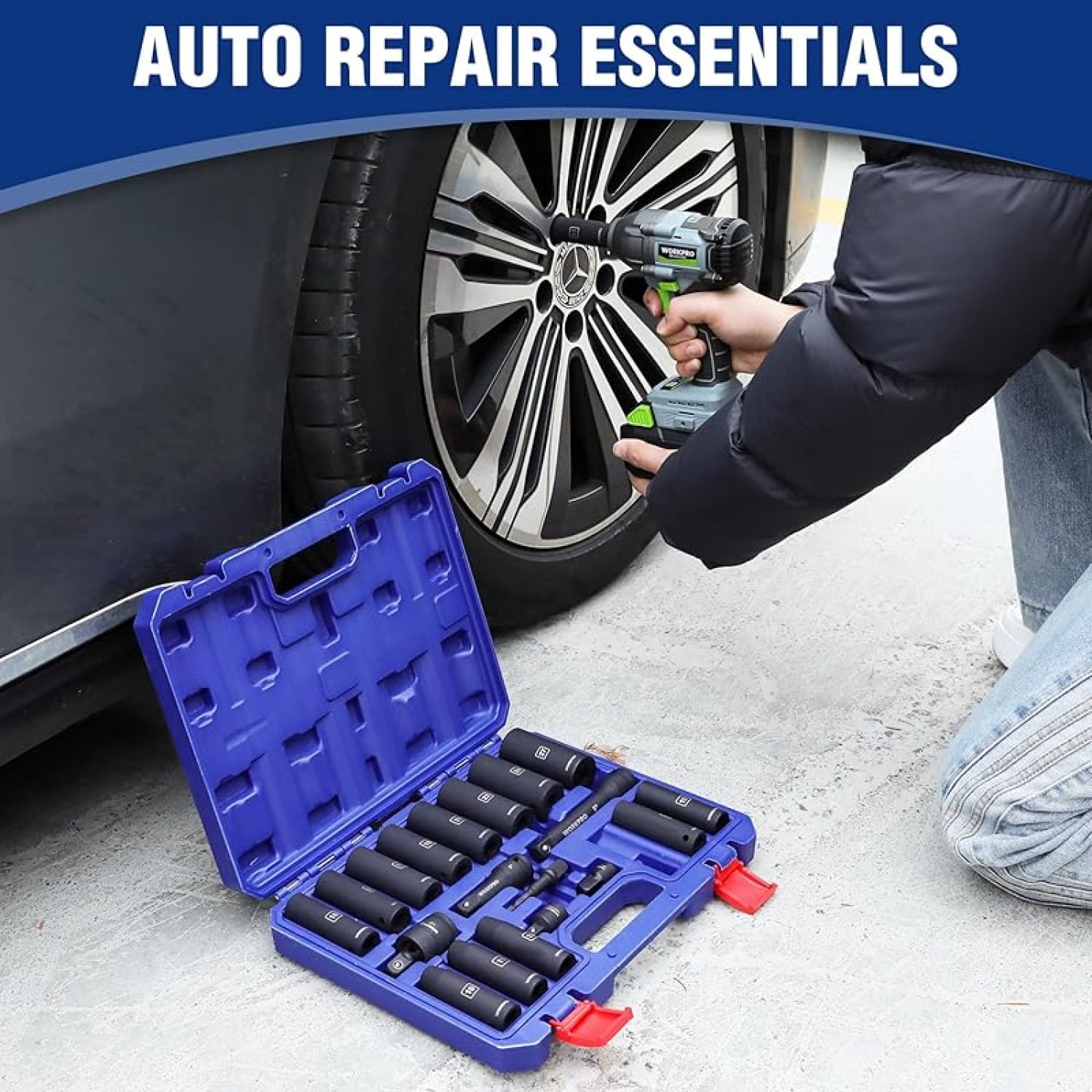 20-Piece 1/2＂ Drive Deep Impact Socket Set, 6-Point, Cr-V Steel, 10-27mm, Universal Joint, Adapter and Extension Bar, Metric