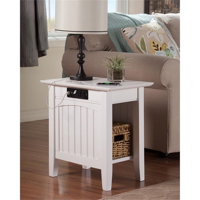 AFI Nantucket Table d'Appoint en Bois Massif avec Chargeur d'Appareils Intégré, Blanc