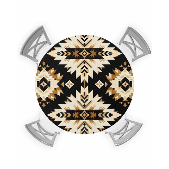 nqOlkjepod Southwestern Aztec Round Tablecloth, Fitted Table Cover with Elastic for 36"-44" Round Tables, Retro National Style Brown Abstract Table Cloth Outdoor Dinning Party Waterproof Tablecloths