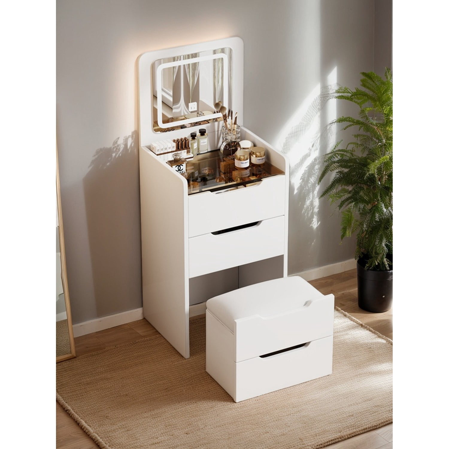 3 in 1 Vanity Desk with Plip Top Mirror, Small Make Up Vanity Set with Visible Glass Desktop, Compact Makeup Vanity with 3 Drawers, Dressing Table for Bedroom