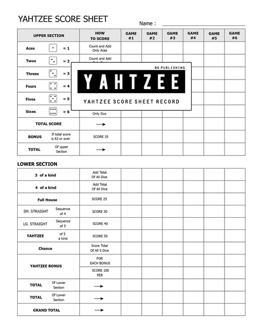 bg publishing yahtzee score record yahtzee game sheet keeper for