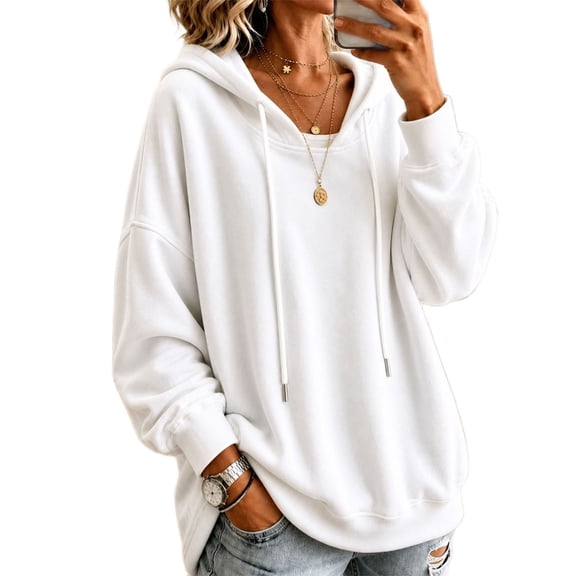 Lenpel Oversized Sweatshirts for Women Fall Trendy Drawstring Casual Loose Hoodies Comfy Long Sleeve Warm Pullover Tops(White,X-Large)
