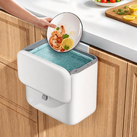 Compost Bin for Kitchen Countertop or Under Sink, 2.6 Gallon Hanging Trash Can with Lid, White
