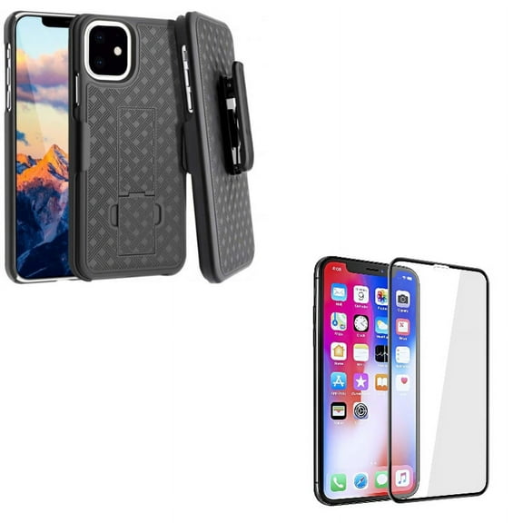 Screen Protector & Case Belt Clip for iPhone 11 ONLY - Tempered Glass 5D Touch Curved Edge Full Cover   Holster Swivel Cover Kickstand Combo