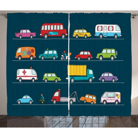 Cars Curtains 2 Panels Set Hand Drawn Various Types Vehicles