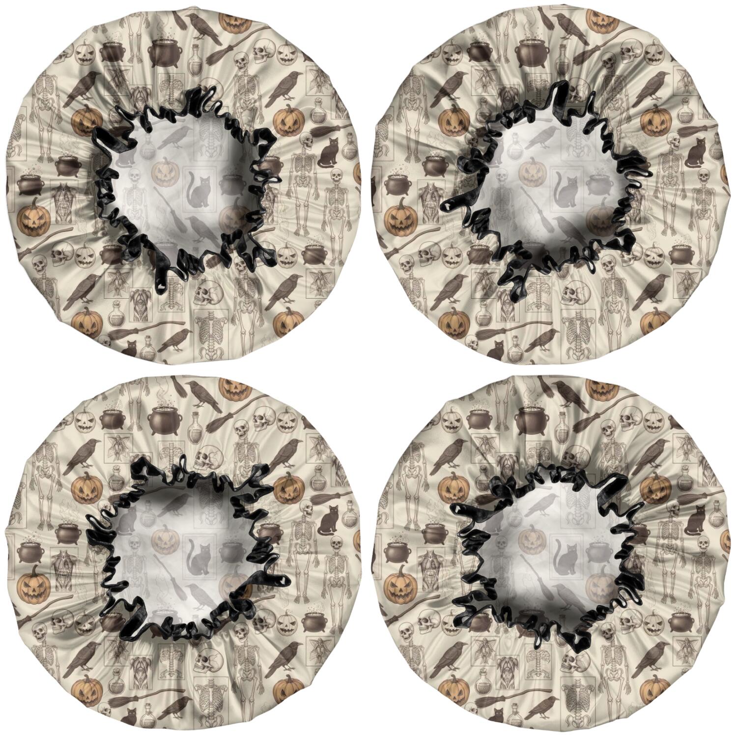 Shower Caps,Beige Halloween Skull Pumpkin Cat Pattern Waterproof Shower Cap for Women 4 Pieces,Double Reusable Hair Cover for Shower PEVA Elastic Stretch Hem