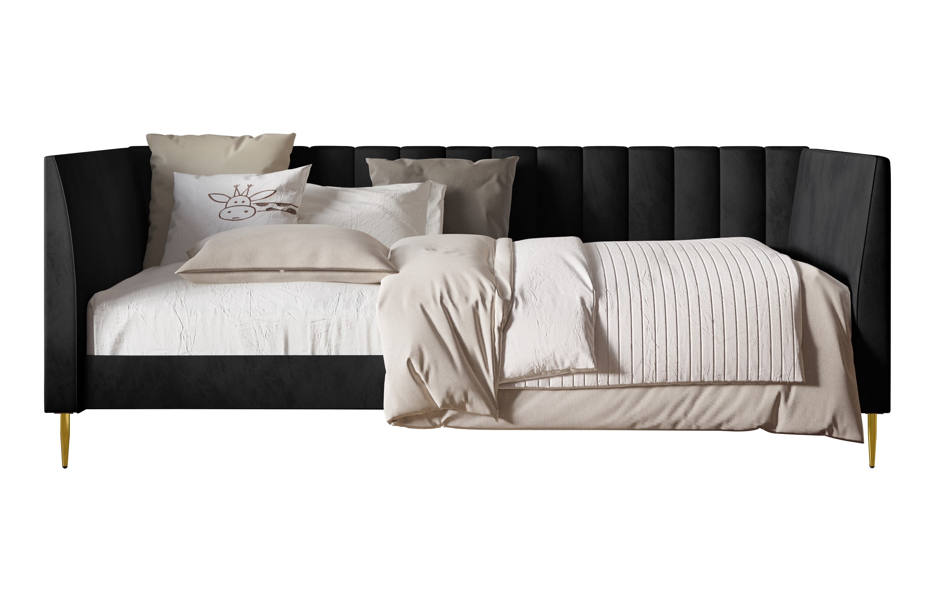 Home Design Dayton Twin Daybed, Black Velvet Upholstered Frame, Tuxedo Arms, Vertical Tufting, Plush Cushions, Gold Metal Legs for Stylish Seating & Sleeping