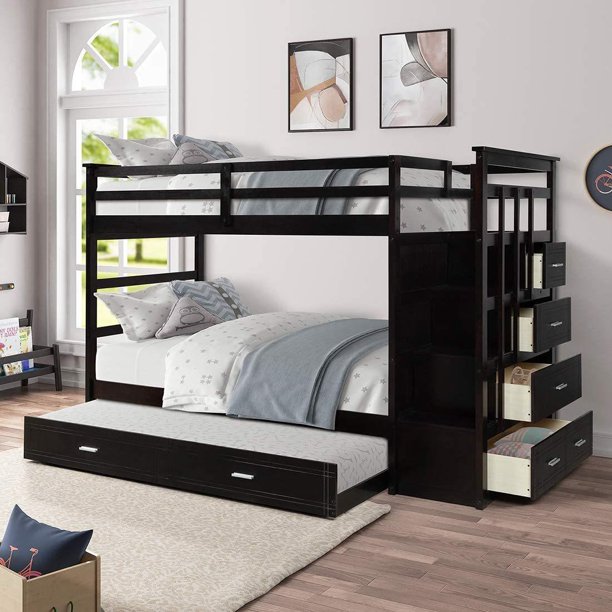 Bunk Bed Twin Over Twin with Four Drawers for Kids, Solid Wood Bed