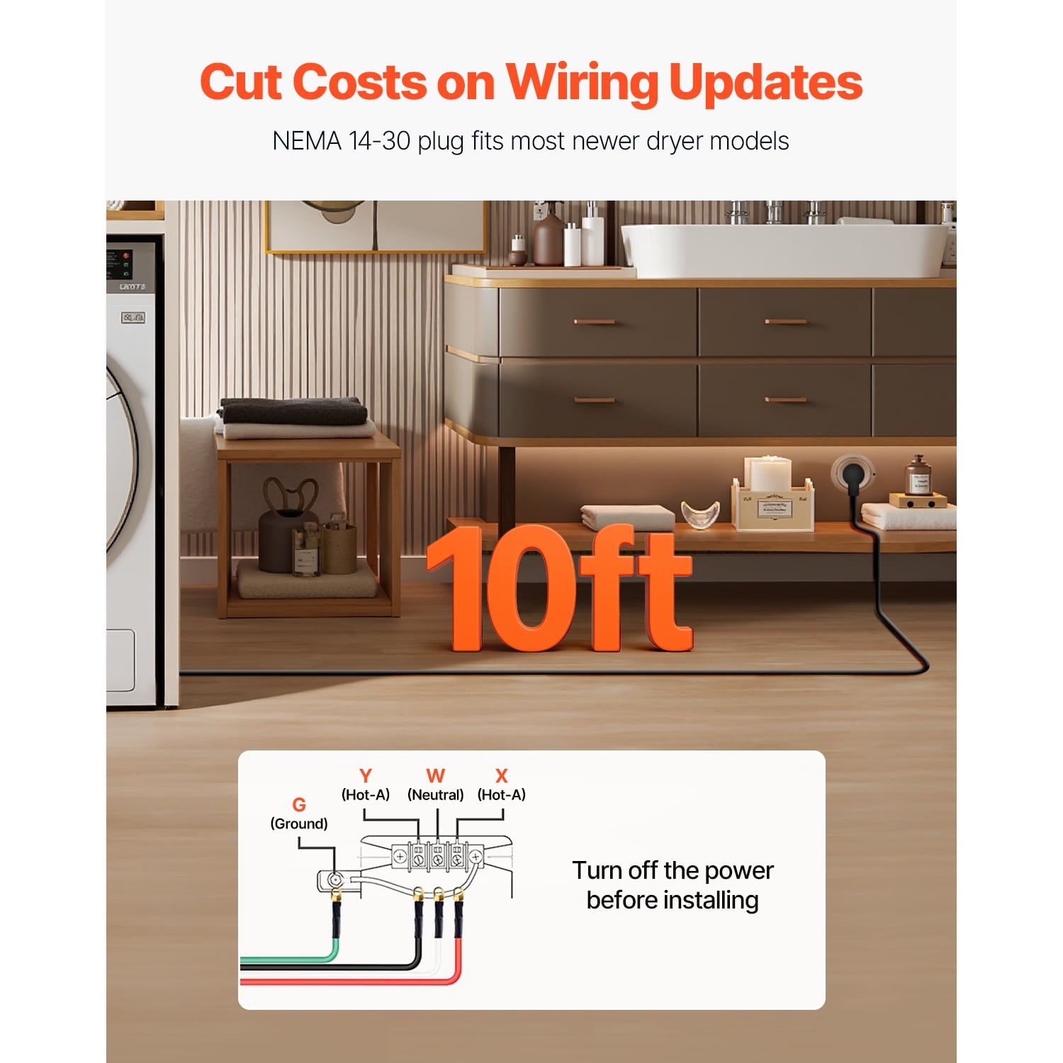 KFFKFF 10 ft Dryer Power Cord, 4-Prong NEMA 14-30P Appliance Cord with Eyelet Connectors, 125V/250V, SDRT 10AWG/4C, 30A, Copper Wire Cable with PVC Tie, Suitable for Indoor & Outdoor Use