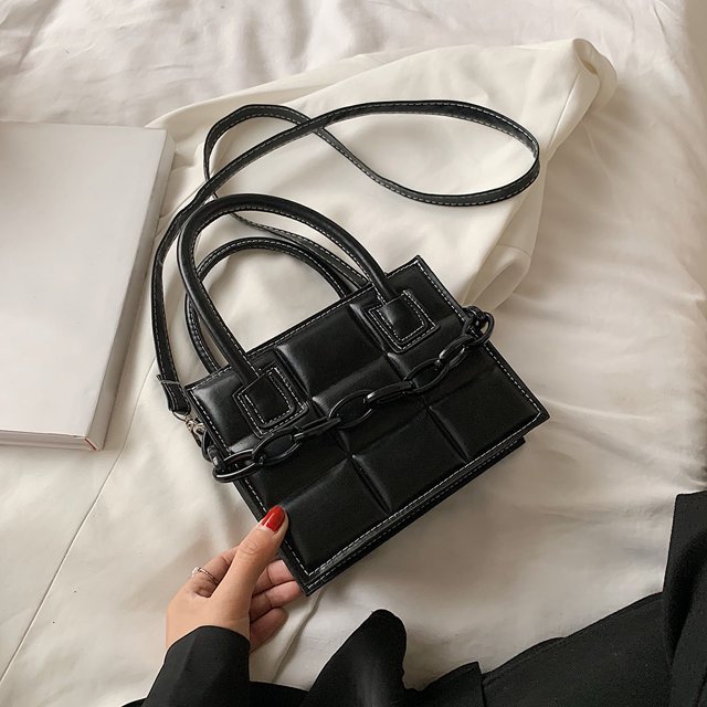 Bolso cruzado de PU con patrón de cuadros para mujer a la moda, bolso de cadena informal (negro)