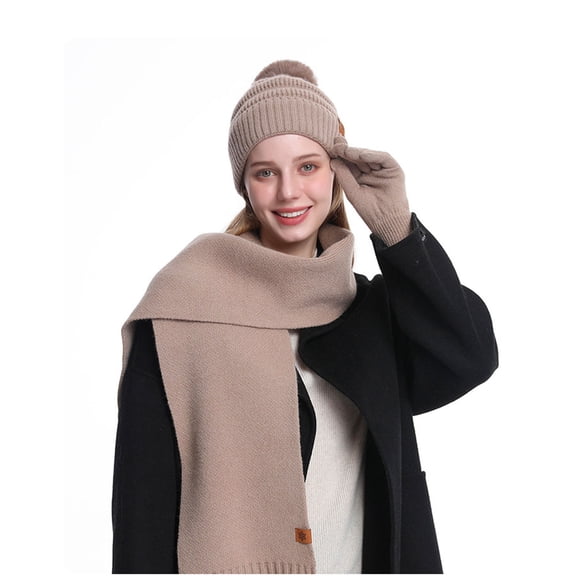 jobturf Womens Beanie Hat Scarf Gloves 3 Piece Set Fleece Lined Winter Hat with Pom Pom Long Knit Scarf Touchscreen Gloves for Cold Weather