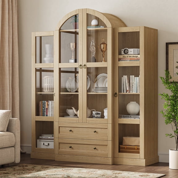 72.4" Arched Wood Storage Cabinet with Glass Doors & Adjustable Shelves – Elegant Display Cabinet