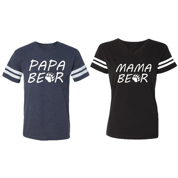 Papa Mama Bear Matching Couple Cotton Jerseys (Men Navy / Women Black) (Men S / Women S)