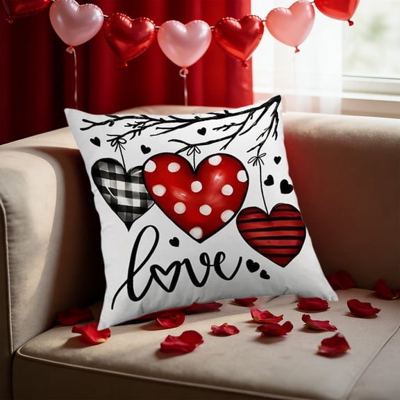 Tuvgenk Linen Valentines Day Pillow Cover 18x18 Inch Heart Print Decorative Throw Pillow Case with Hidden Zipper for Sofa Bed