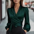 thumbnail image 2 of Silk Blouse for Women Elegant Wrap Satin Shirt Sexy Criss Cross Neck Long Sleeve Tie Waist Office Cocktail Formal Top Green XL, 2 of 5