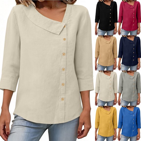 Dvprdro Womens Summer Botton Down Tops V Neck 3/4 Sleeves Cotton Linen Tunic Blouses for Women