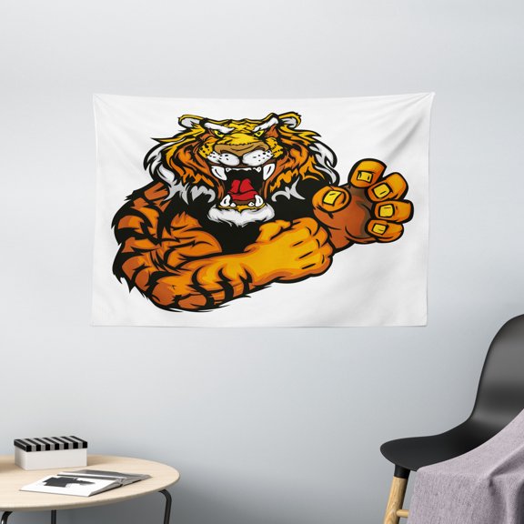 Tiger Tapestry, Cartoon Styled Very Angry Muscular Large Cat Fighting Mascot Animal Growling Print, Wall Hanging for Bedroom Living Room Dorm Decor, 60W X 40L Inches, Black Orange, by Ambesonne