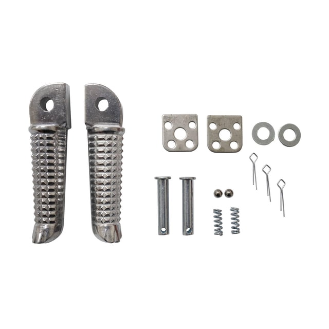 Posapie trasero derecho/izquierdo set Italika 280 Z (25) nuevo, par de posapiés metálicos multicolor con superficie estriada y orificio superior para perno; incluye dos placas de montaje cuadradas, dos ejes con orificio, arandelas, resortes, pasadores y seguros sobre fondo blanco; a menudo usado como repuesto de montaje en motonetas Italika.