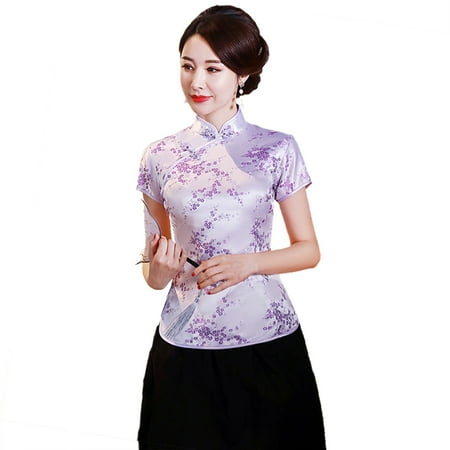 

JANGSLNG Women Cheongsam Shirt Chinese Style Plum Print Summer Autumn Exquisite Buckles Stand Collar Cheongsam Top for Wedding