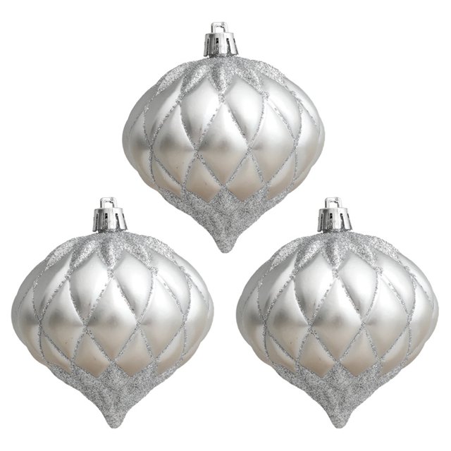 Farfi - Juego de 3 bolas navideñas de textura fina con diseño de cebolla, decoración navideña de plástico para colgar en el árbol, suministros para el hogar (plateadas)