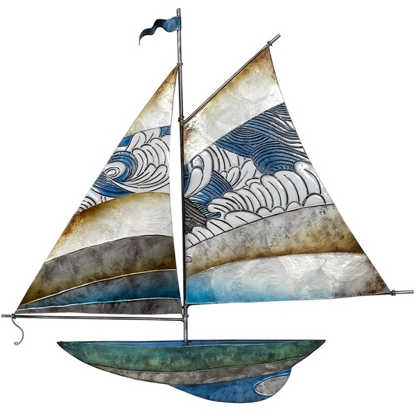Metal & Capiz Shell Art Sailboat with Waves Decorative Wall Art 22x22