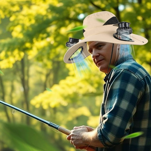 Darzheoy Outdoor Wide Sun Hat, Fishing Hats with 2 Solar Fan Sun, Bucket Hat for Men Women UPF 50 , Beach Hat with Fan Built in for Fishing, Hiking, Camping, Khaki