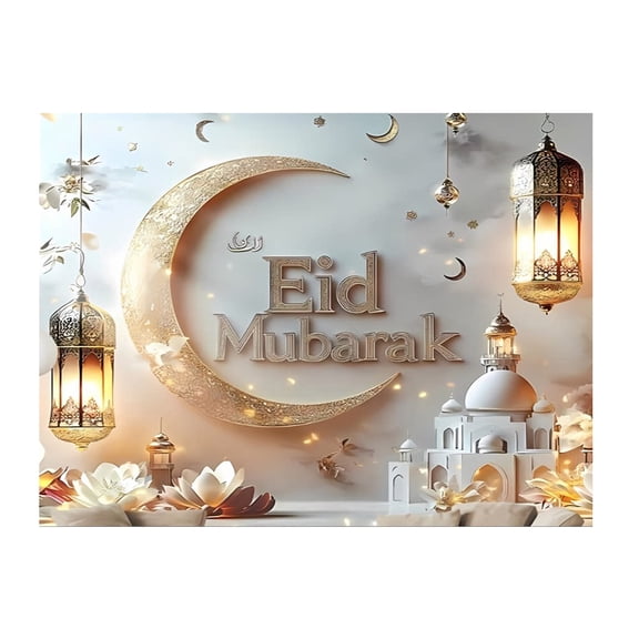 PURJKPU Eid Mubarak Backdrop, Polyester-Cotton, Washable, HD Print, Crescent Moon & Mosque, for Ramadan & Eid Al-Fitr Decor(XS)