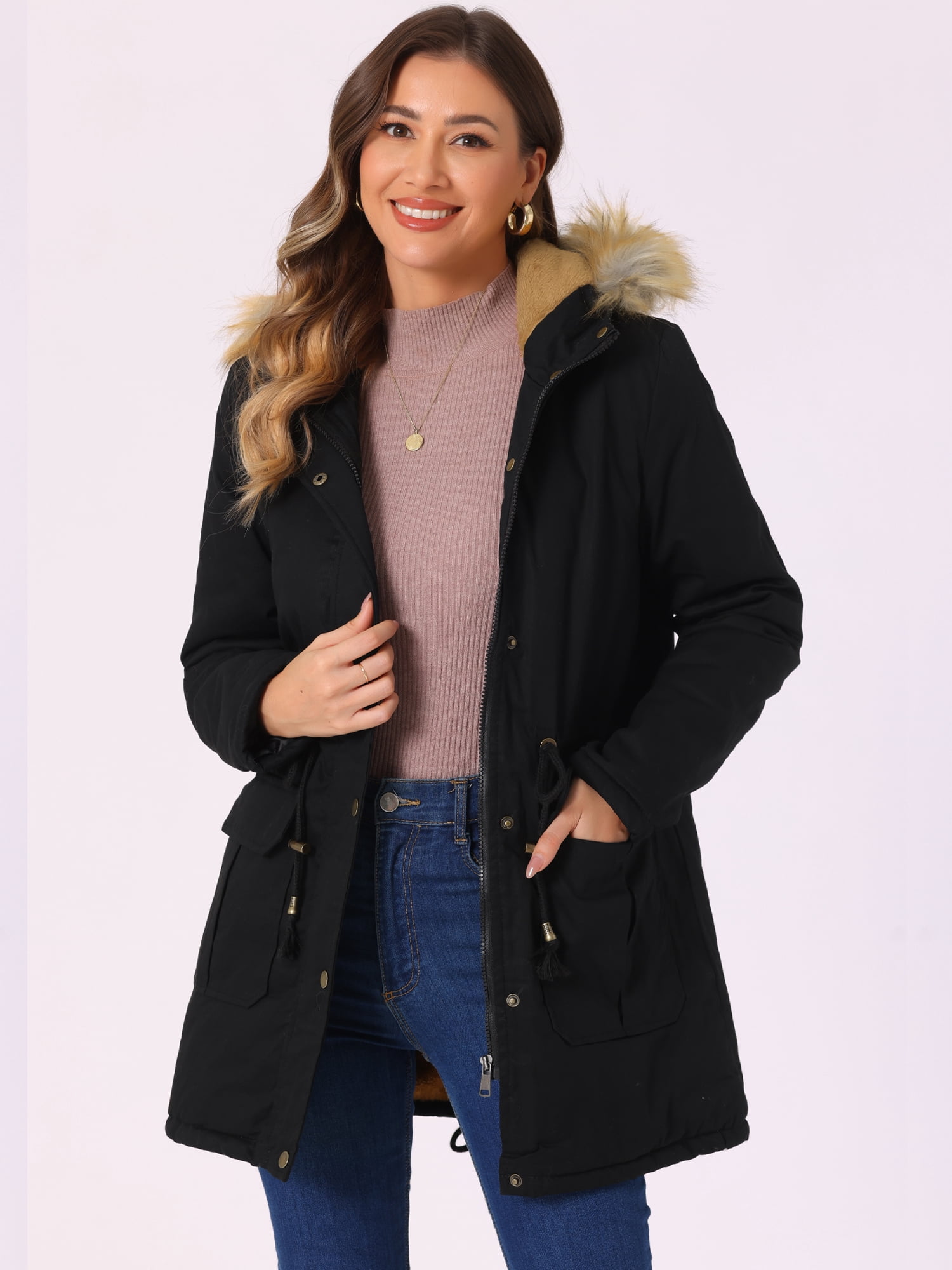 Unique Bargains Women Windproof Winter Parka Puffer Coat with Faux Fur Hood L Black