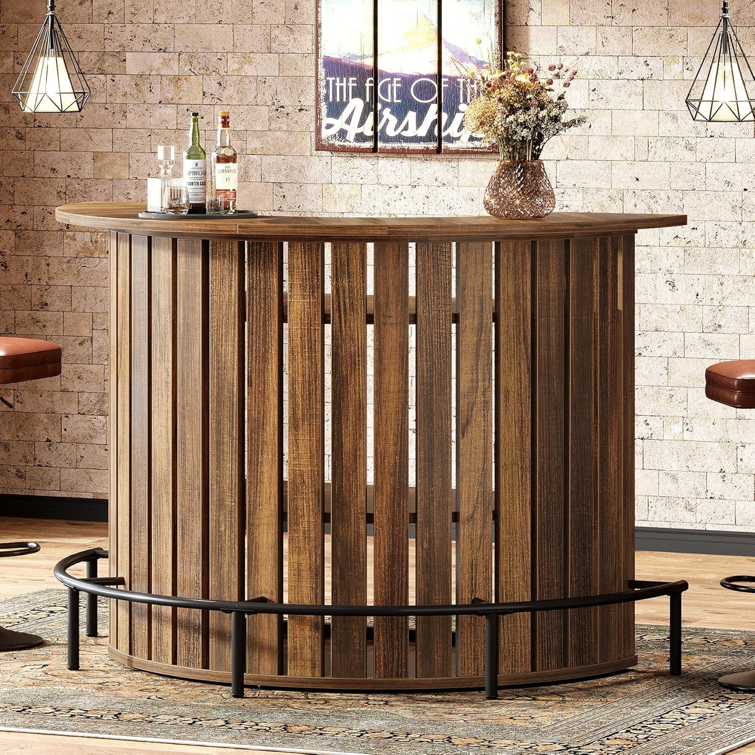 Finmind 39.4" H 4-Tier Bar Table with Footrest, Arc-Shaped Modern Wine Bar Cabinet for Home Pub, Living Room, Small Spaces, Rustic Brown & Black