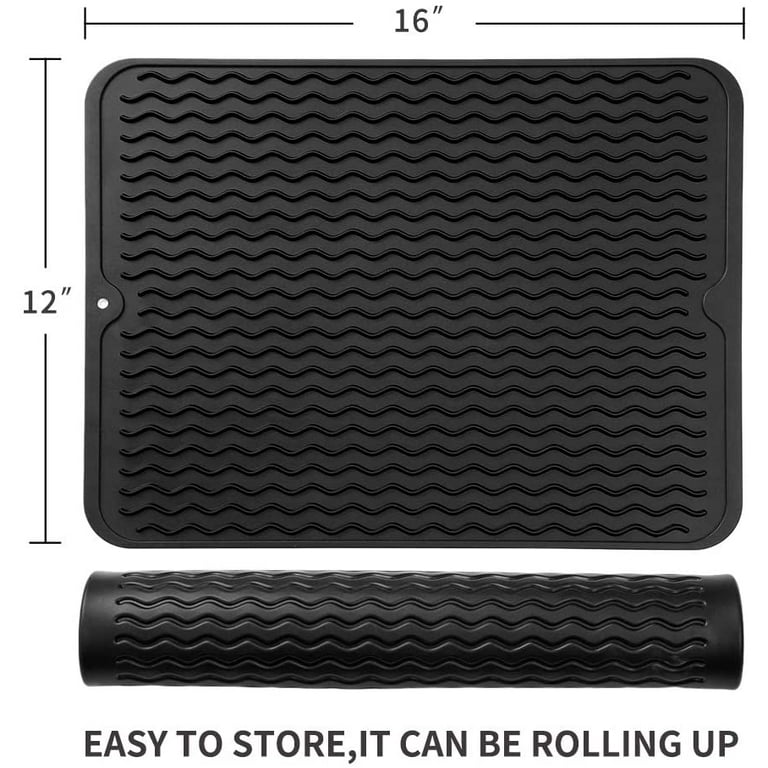 MicoYang Silicone Dish Drying Mat Black L(16 inch 12 inch), Size: Large