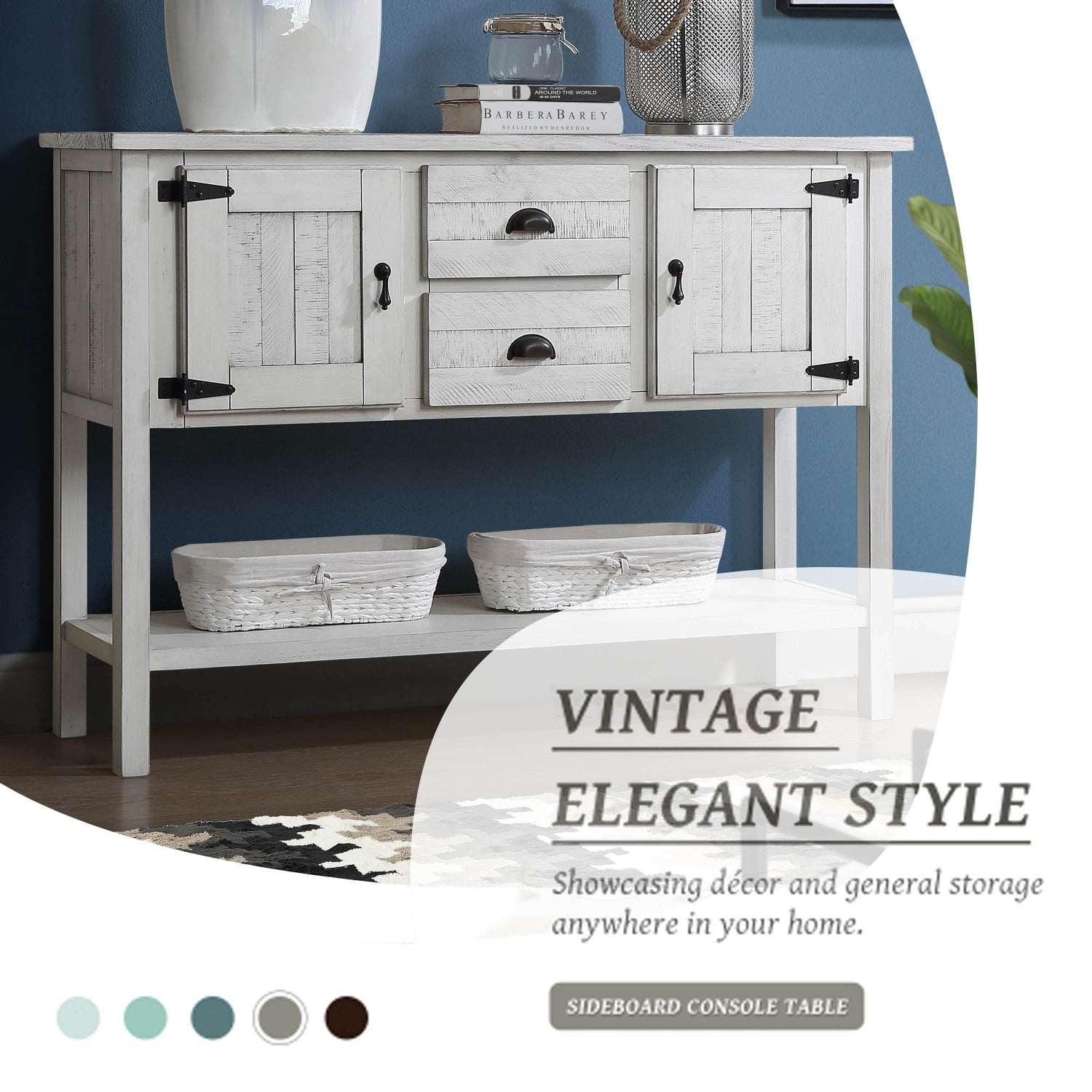 46.5" Solid Wood Sideboard Buffet Cabinet with 2 Drawers, 2 Doors and Bottom Shelf, Retro Console Table Storage Cabinet for Kitchen Dining Room Living Room, Antique White