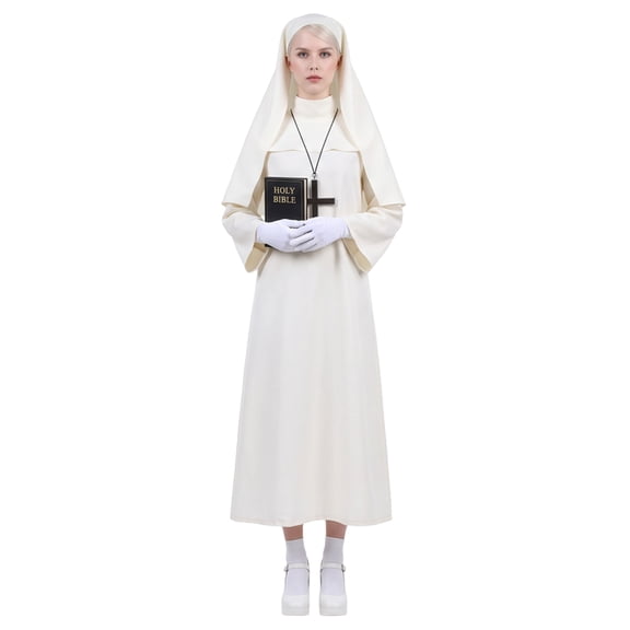 Women White Nun Cosplay Costume 4-Piece Set Robe Headpiece Gloves Cross for Halloween