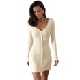 thumbnail image 1 of Women Deep V Neck Button Front Knit Mini Dress Elegant Long Sleeve Ribbed Flowy Hem A-Line Short Dresses Color L, 1 of 9