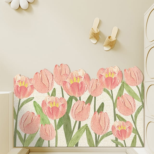 Uklsqma Entrance Door Mat | Tulip Pattern Polyester Porch Rug 23.6X15.7In | Dirt Resistant Non Slip Floor Mat with Water Absorption | Easy Clean Cuttable Welcome Rug for Home Entryway Patio