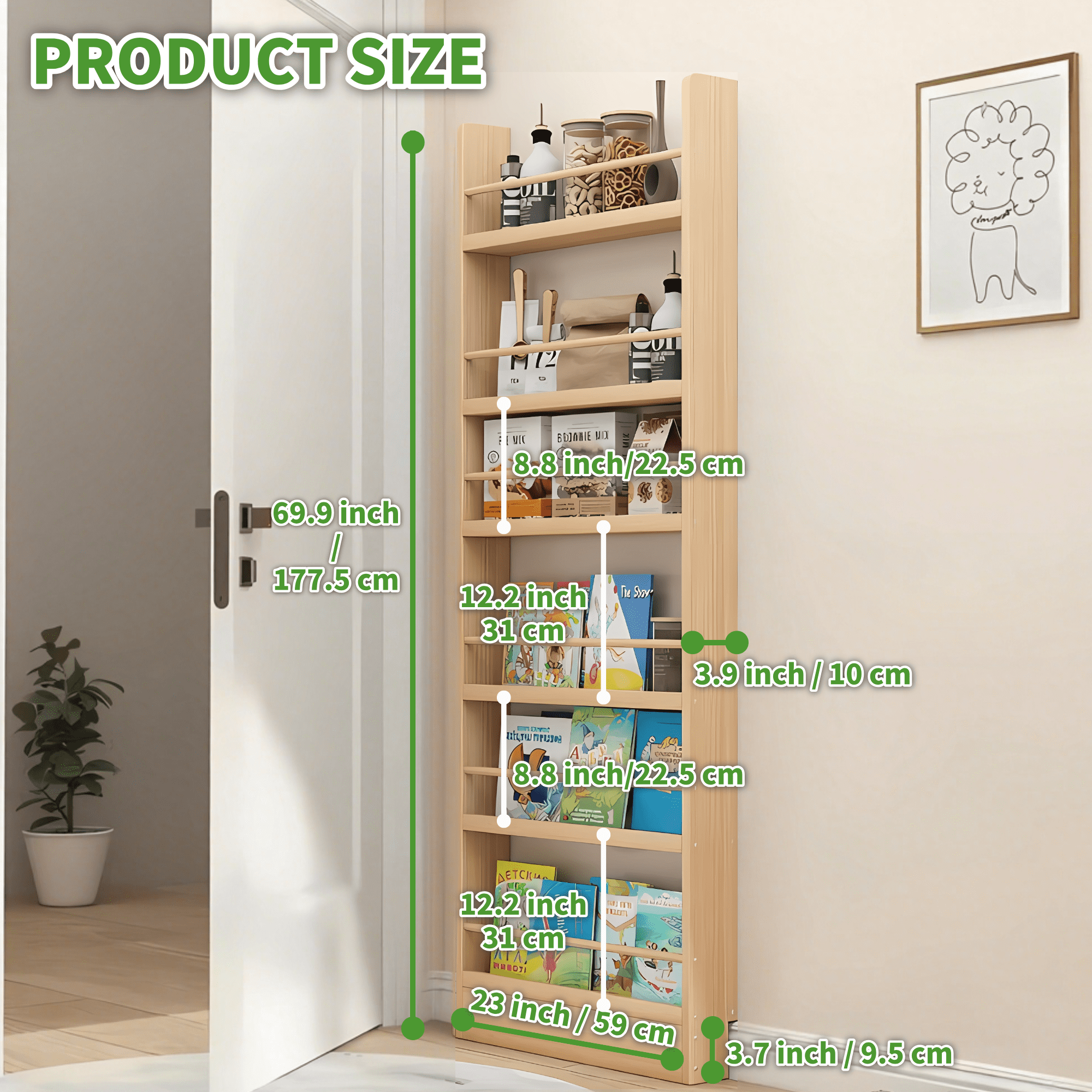 VGBYUJ 6 Tier Behind The Door Bookshelf, 70" Behind The Door Storage Organizer, Space-Saving Wall Mount Narrow Book Shelf, Solid Wood