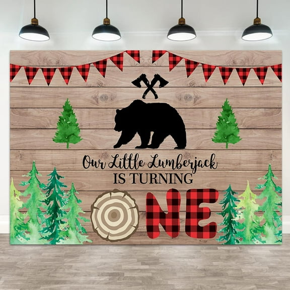 1st Birthday Backdrop Our Little Lumberjack is Turning One Photography Background Green Forest Wild Bear Kids First Birthdays Party Banner Decorations Baby Parties Photo Booth Props