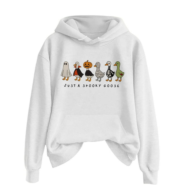 Just A Goose Women Autumn Winter Solid Color Halloween Graphic Print Hooded Sweatshirt With Pocket