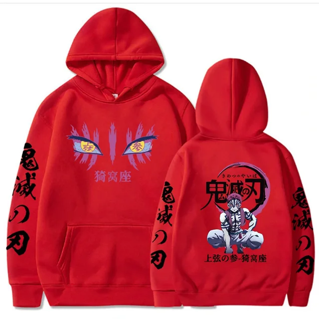 sudaderas con capucha de anime japonés demon slayer para hombre roja, vista frontal y trasera; sudadera loose de poliéster con capucha y bolsillo tipo canguro, manga larga y cuello redondo; frente con gráfico de ojos en azul y amarillo y texto japonés, espalda con ilustración del personaje Akaza en un círculo y kanji grande, mangas con texto japonés en negro; uso diario en primavera y otoño, estilo informal; a menudo usada como capa ligera para viajes.