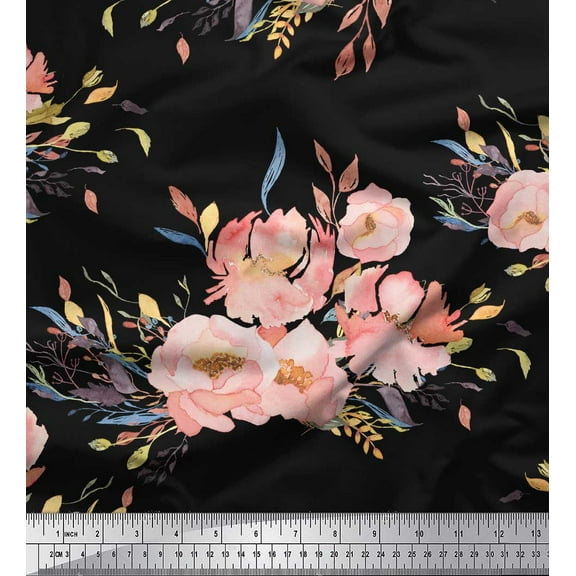 Soimoi Black Cotton Duck Fabric Leaves & Peony Floral Print Sewing Fabric Yard 42 Inch Wide
