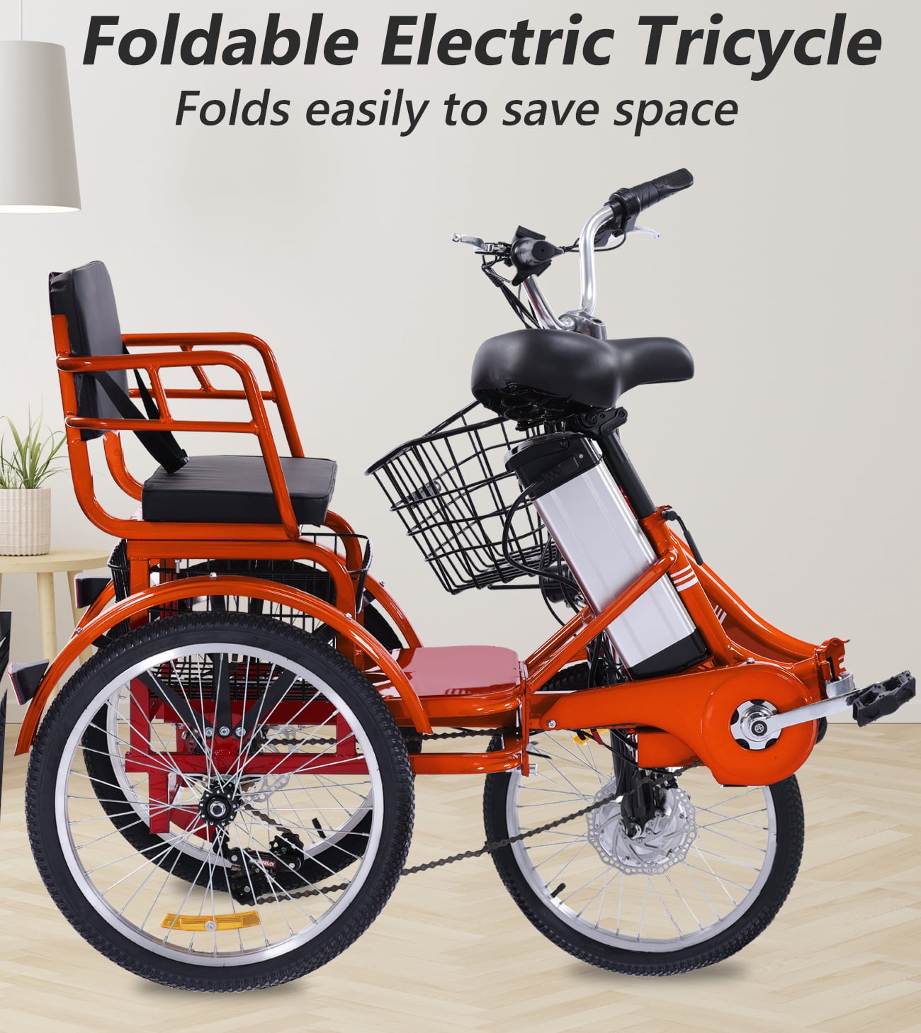YEBEI Electric Tricycle for Adults Folding Electric Trike 3 Wheel Electric Trike with Two-Seater Large Basket Super Powerful Brushless 500W Motor 48V15AH Lithium Battery Max 20MPH E-Tricycle Orange