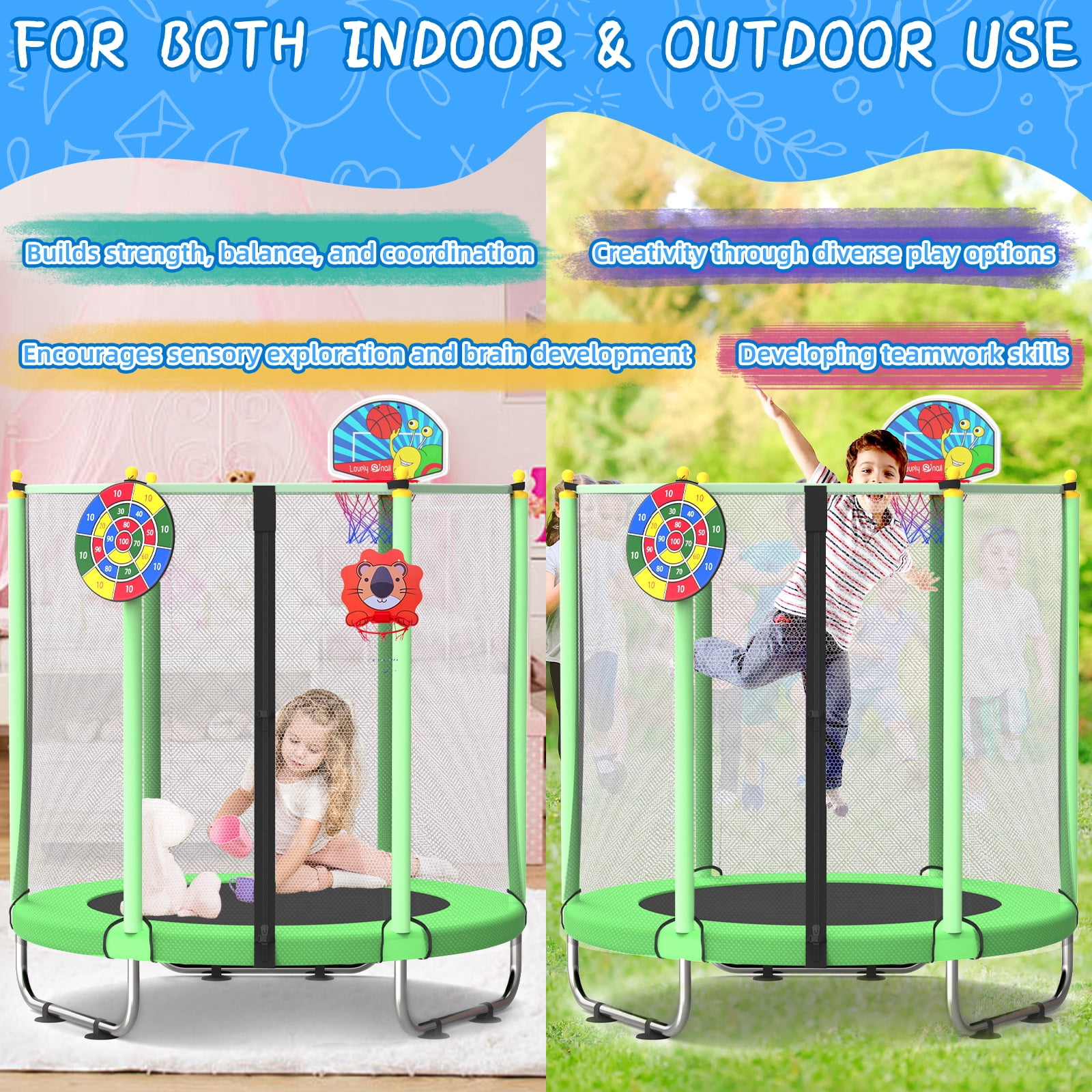ACWARM HOME 5FT Toddler Trampoline For Kids 60" Mini Size Indoor&Outdoor With Safety Net Gift for Boys & Girls 440Lbs,Green