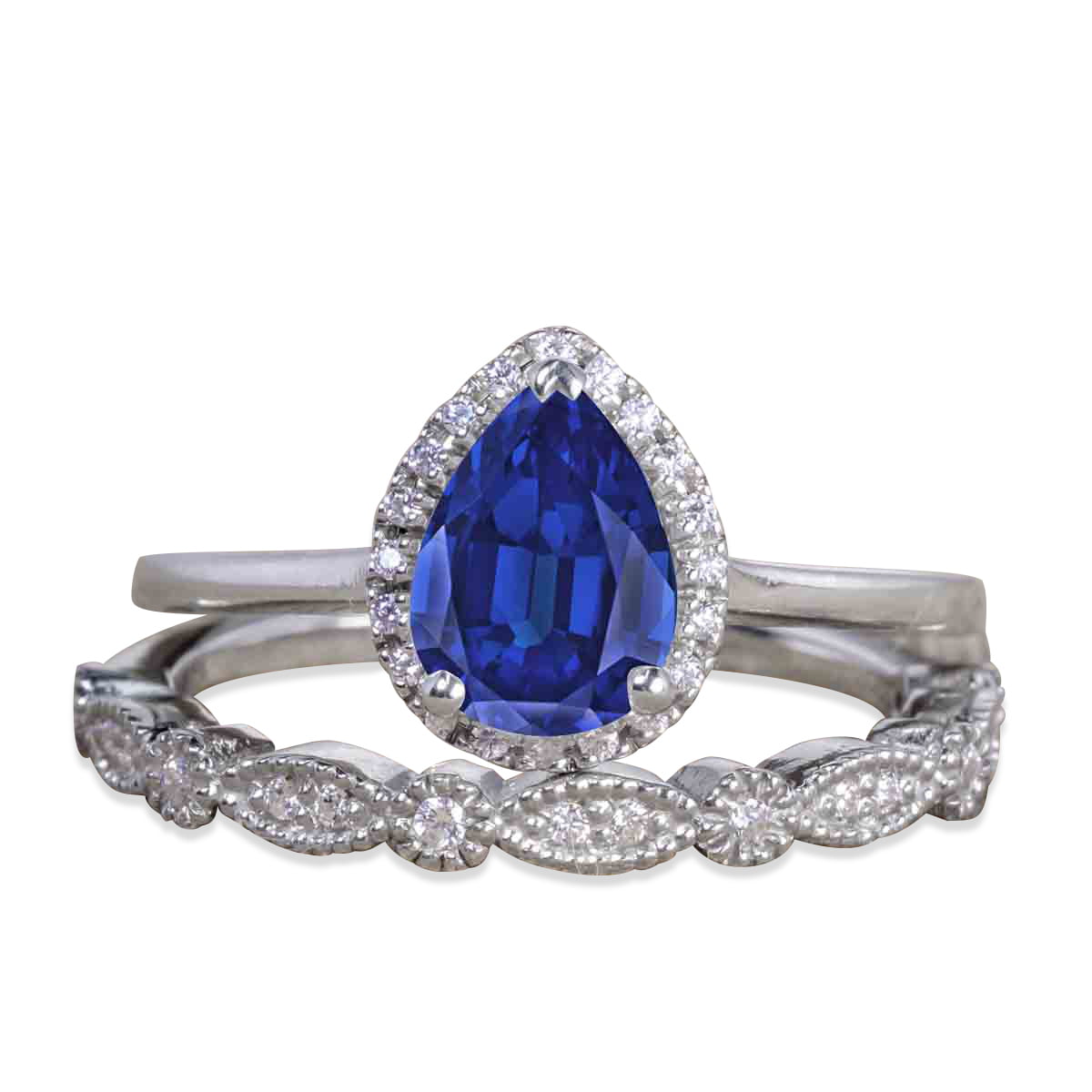 JeenMata - 1.50 ct - Pear Shaped Blue Sapphire - Vintage - Bridal Ring ...