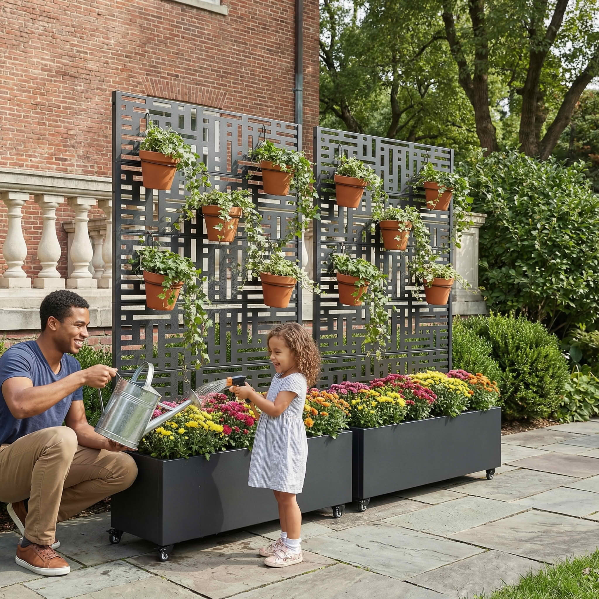 MAYEERTY 72X47" Metal Outdoor Black Privacy Screen with Planter Box for Backyard & Garden, 5 Piece Set, Double‑sided Installation